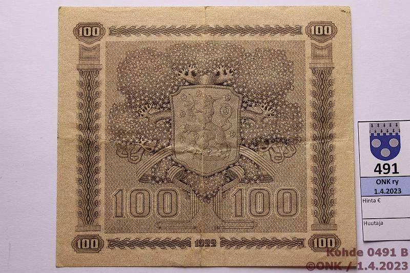 k-0491-b.jpg - Kohde 491 (kuva 2/2), lhthinta: 250 € / ei tarjouksia 100 mk 1922 LA SNY 178.2.2 K0762660 HEU-The, kova paperi, kunto: 5