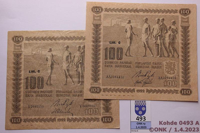 k-0493-a.jpg - Kohde 493, lhthinta: 40 € / myyntihinta: 48 € 100 mk 1922 LC (2) SNY 178.4.1 Y..RYT-Als, AA..RYT-AAs, kunto: 4, 5