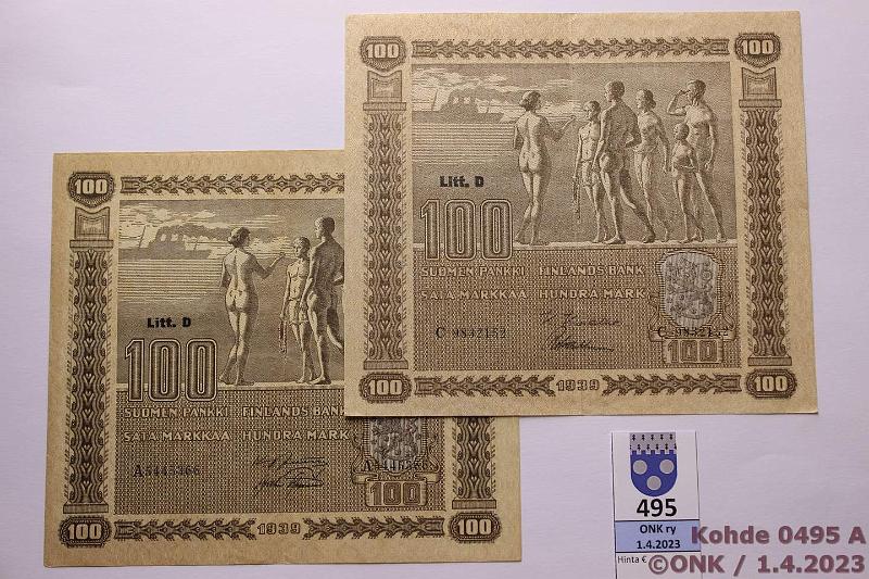 k-0495-a.jpg - Kohde 495, lhthinta: 40 € / myyntihinta: 68 € 100 mk 1939 LD (2) SNY 179.1+2 A..JUT-AAs vl 1, C..KIV-Wah vl 2, kunto: 6, 7