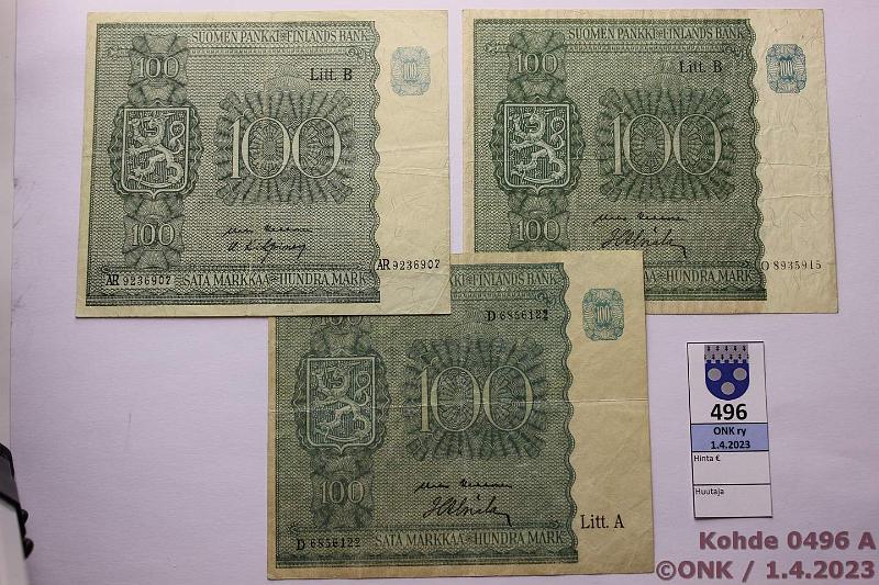 k-0496-a.jpg - Kohde 496, lhthinta: 15 € / myyntihinta: 15 € 100 mk 1945 LA, LB (3) SNY 180.1.1 + .2.1 LA D..KEK-Als; LB O..KEK-Als(niitinreit), AR..KEK-Kil, kunto: 4