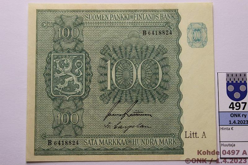 k-0497-a.jpg - Kohde 497, lhthinta: 50 € / myyntihinta: 80 € 100 mk 1945 LA SNY 180.1.1 B6418824 RAI-Car, kunto: 9