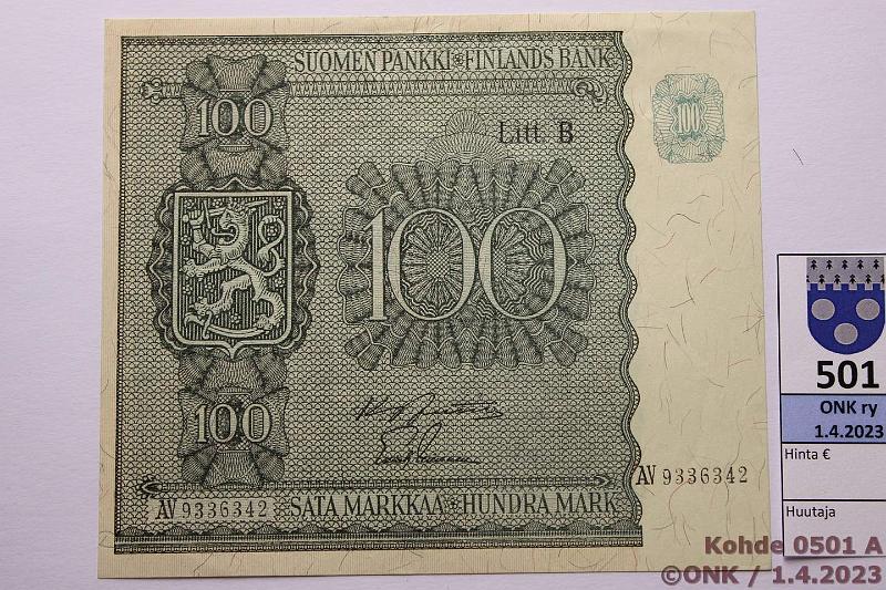 k-0501-a.jpg - Kohde 501, lhthinta: 25 € / myyntihinta: 40 € 100 mk 1945 LB SNY 180.2.1 AV9336342 JUT-Lei, harv ak-pari (v). Ylreunassa kassrin peukalonpainauma, kunto: 9