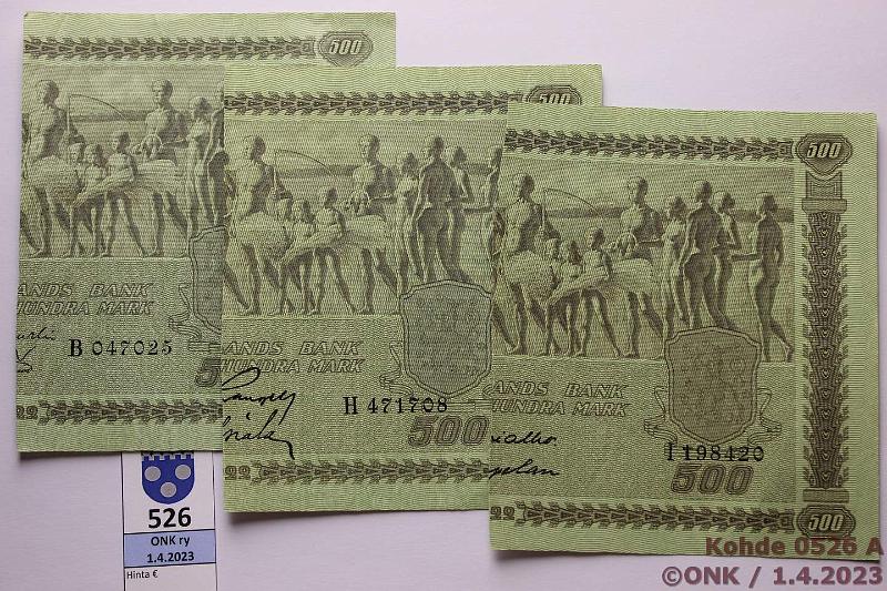 k-0526-a.jpg - Kohde 526, lhthinta: 10 € / myyntihinta: 44 € 250 mk 1922 (3) 500mk oikeita puoliskoja, B.. tyyppi I, H.. t II, I.. t III. Kaikissa aaltovesileima eli tyyppi SNY 189.3.x (Litt C). Erittin hyvkuntoisia!, kunto: 7-8