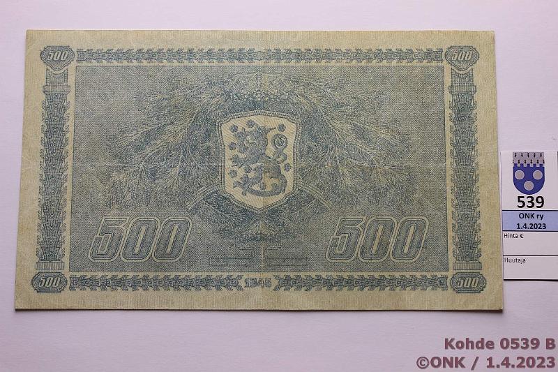 k-0539-b.jpg - Kohde 539 (kuva 2/2), lhthinta: 80 € / myyntihinta: 120 € 500 mk 1945 LA SNY 190.1.1 B0985273 RAI-Car, kunto: 4