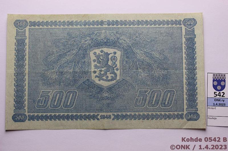 k-0542-b.jpg - Kohde 542 (kuva 2/2), lhthinta: 175 € / ei tarjouksia 500 mk 1945 LB SNY 190.2 C2311348 KEK-Als, kevyet taitokset, kunto: 6