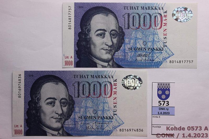 k-0573-a.jpg - Kohde 573 (kuva 1/2), lhthinta: 100 € / myyntihinta: 115 € 1000 mk 1986 LA (2) SNY 201.3.1 801..OL II-Ko2, 801..AL II-Va2, kunto: 7