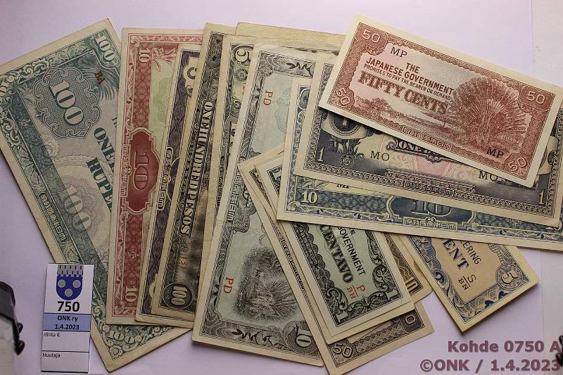 k-0750-a.jpg - Kohde 750, lhthinta: 25 € / ei tarjouksia Japanese Invasion Money (16) Burma 5, 10, 100 rupees P#M15b-17b; Malaya 50 cents, 1, 10, 100 $ P#M4c, 5, 7c, 9; Netherlands India 1 cent P#119b; Filippiinit 1, 5, 10, 50 centavos, 1, 5, 10, 100 pesos P#102b, 103a, 104a, 105b, 109a, 110a, 111a, 112a, kunto: 4-9