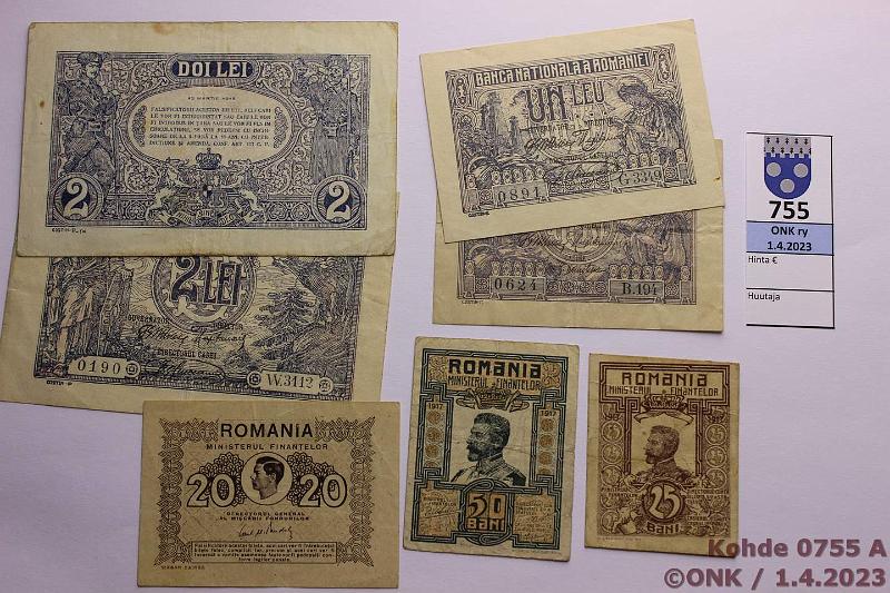 k-0755-a.jpg - Kohde 755, lhthinta: 20 € / myyntihinta: 27 € Romania 1 - 20 lei; 20 + 50 bani (7) 1919-1945 P#17, 18, 26a, 27a, 70, 71, 76 1(2), 2(2), 20 l; 20 ja 50b, kunto: 4-5