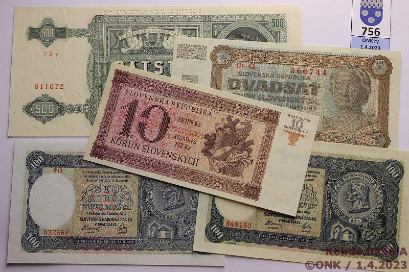 k-0756-a.jpg - Kohde 756, lhthinta: 30 € / myyntihinta: 60 € Slovakia 10 - 500 kr (5) 1940-43 P#6s, 7s, 10a, 11a, 12s 10, 20, 100(2), 500k. Specimen -lviste 10+20+500k, kunto: 9