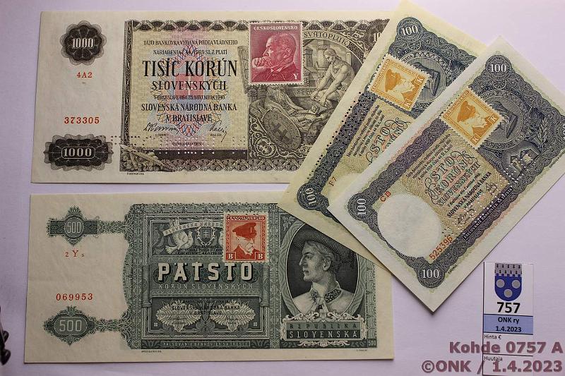 k-0757-a.jpg - Kohde 757, lhthinta: 35 € / myyntihinta: 50 € Tšekkoslovakia 100 - 1000 kr (4) 1940-41 P#51s, 52s, 54s, 56s 100(2), 500, 1000k. Kaikissa SPECIMEN-lviste, kunto: 8-9