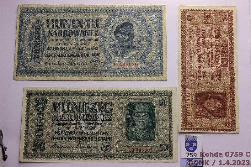 k-0759-c.jpg - Kohde 759 (kuva 3/4), lhthinta: 115 € / myyntihinta: 115 € Ukraina 1 - 500 karbowanez (7) 1942 P#49, 51, 52, 54-57 Saksan miehityssetelit Ukrainassa. 1-500k (puuttuu 2 ja 20k), kunto: 3-6