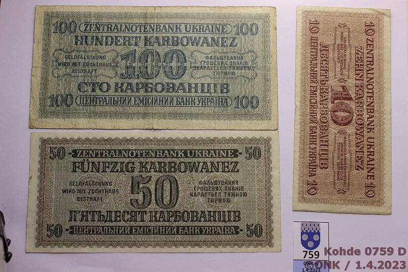 k-0759-d.jpg - Kohde 759 (kuva 4/4), lhthinta: 115 € / myyntihinta: 115 € Ukraina 1 - 500 karbowanez (7) 1942 P#49, 51, 52, 54-57 Saksan miehityssetelit Ukrainassa. 1-500k (puuttuu 2 ja 20k), kunto: 3-6