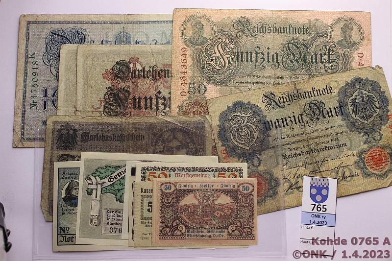 k-0765-a.jpg - Kohde 765, lhthinta: 5 € / myyntihinta: 13 € Saksa + Itvalta (13) 1908-21 Saksa 5, 20, 50(3), 100 mark 1908-17 (kl 2-3). + htrahat (kl 8-9): 10pf Bernstadt, 25pf Bnningstedt, 50pf Blankenese, 1mk Bel. Itvalta: 50 h 1920 (Eberschwang, Gmnd, Steiermark), kunto: 2-9