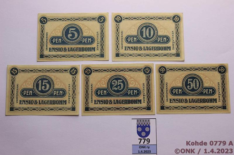 k-0779-a.jpg - Kohde 779, lhthinta: 10 € / myyntihinta: 12 € Ensio & Lagerbohm 5 - 50 p (5) 5, 10, 15, 25 ja 50p, kiertmttmi, kunto: 9