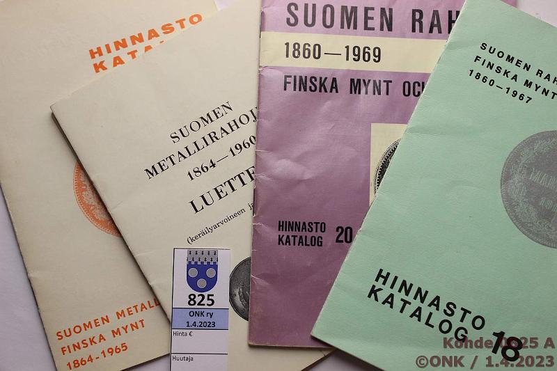 k-0825-a.jpg - Kohde 825 (kuva 1/2), lhthinta: 5 € / myyntihinta: 11 € Hinnastot ym (8) Postimerkkeily Oy: Suomen rahat 14, 18, 20 ja 22. Rnkipohja: Suomen matallirahat 1864-1960 2 kpl. Holmasto: Suomen metallirahat 1969 II. Valtiovarainministeri/Suomen pankki: Rahauudistus 1.1.1963. Osassa kmj, kunto: 7-8