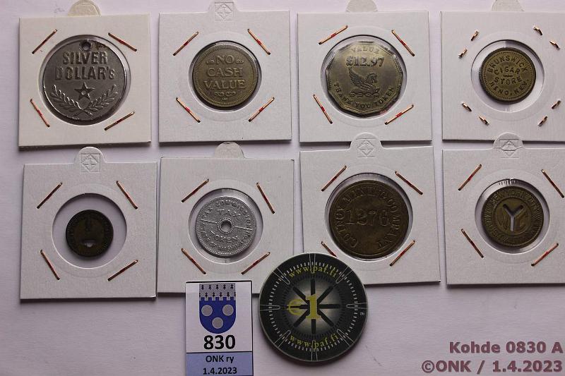 k-0830-a.jpg - Kohde 830, lhthinta: 5 € / myyntihinta: 9 € Er poletteja ym New York metropoletti, Quincy Mining Company, Washington tax token 10c, Cabin Creek Coal Co, Brunswick Cigar Store 12c, Reader's Digest 12,97, muutama pelipoletti, kunto: 4-6