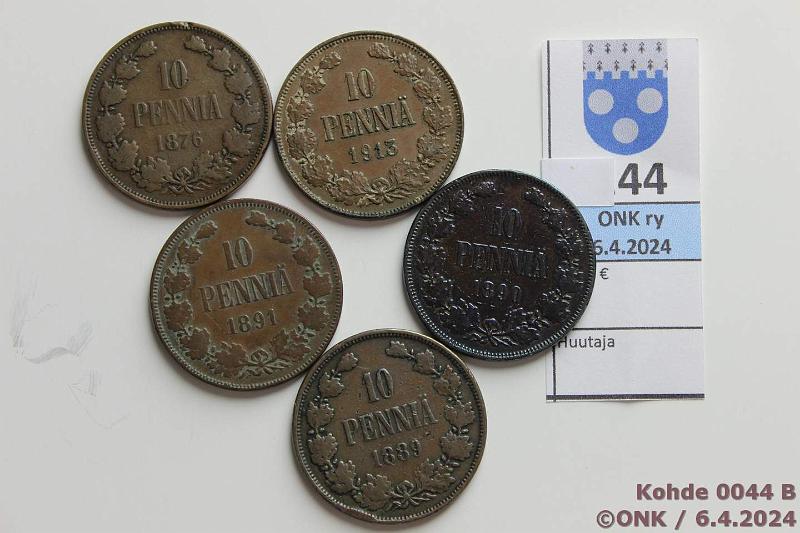 k-0044-b.jpg - Kohde 44 (kuva 2/2), lhthinta: 10 € / myyntihinta: 10 € 10 p 1876-1913 (5) 1876(SNY 148.1.1, mv), -89(prvja), -90, -91, 1913(rv), kunto: 2-5