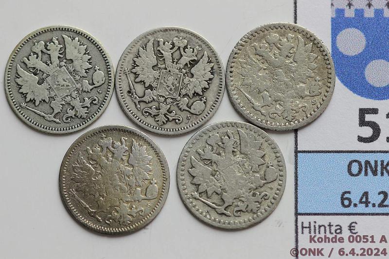 k-0051-a.jpg - Kohde 51 (kuva 1/2), lhthinta: 25 € / myyntihinta: 28 € 25 p 1866-72 (5) Ag, 1866, -69, -72, -73, -75, osa puhd, kunto: 2-4