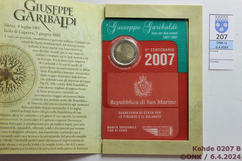 k-0207-b.jpg - Kohde 207 (kuva 2/2), lhthinta: 20 € / myyntihinta: 24 € 2 € 2007 San Marino kansissa, Garibaldi, kunto: 9