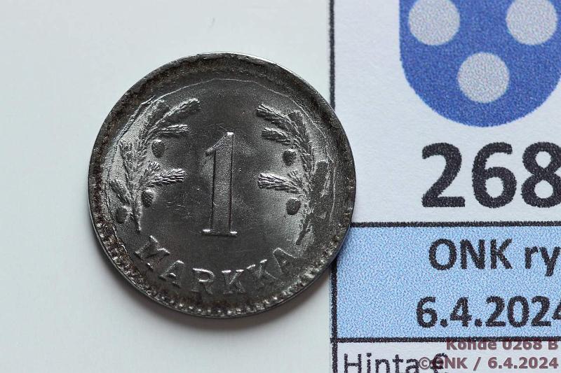 k-0268-b.jpg - Kohde 268 (kuva 2/2), lhthinta: 15 € / myyntihinta: 23 € 1 mk 1947 Fe, vuosiluvun kaksoipuristus, hyv kunto!, kunto: 8