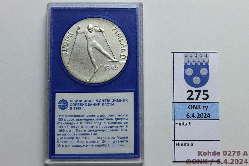 k-0275-a.jpg - Kohde 275 (kuva 1/2), lhthinta: 20 € / myyntihinta: 20 € 100 mk 1989 Ag, MM, muovikotelossa venjnkielisin tekstein, reunoissa hieman patinaa, kunto: 9