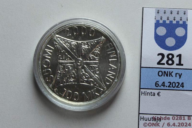 k-0281-b.jpg - Kohde 281 (kuva 2/2), lhthinta: 25 € / myyntihinta: 25 € 100 mk 2000 Ag, Riemuvuosi, kaps, kunto: 9