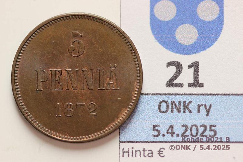 k-0021-b.jpg - Kohde 21 (kuva 2/2), lhthinta: 200 € 5 p 1872 Leimakiiltoa 1/3:ssa rahaa, harvinainen kunto tlle v:lle!, kunto: 8