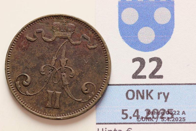 k-0022-a.jpg - Kohde 22 (kuva 1/2), lhthinta: 25 € 5 p 1873 Pinta jnkv korrodoitunut, kunto: 5/6