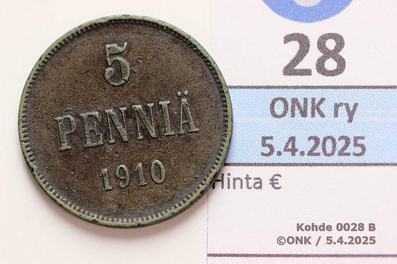 k-0028-b.jpg - Kohde 28 (kuva 2/2), lhthinta: 15 € 5 p 1910 Prvja, pij, kunto: 5