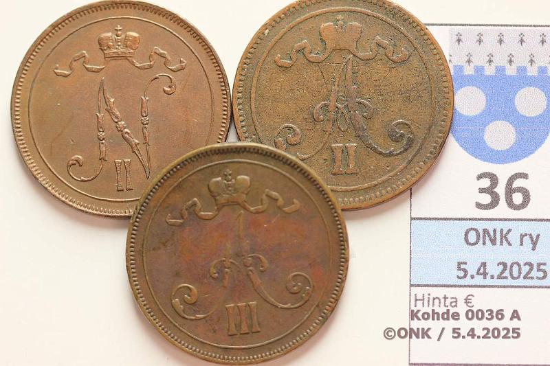 k-0036-a.jpg - Kohde 36 (kuva 1/2), lhthinta: 5 € 10 p 1865, -89, 1913 (-13 lpuhd), kunto: 3, 4, 6