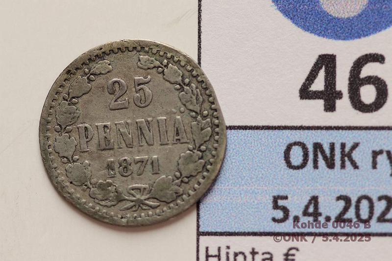 k-0046-b.jpg - Kohde 46 (kuva 2/2), lhthinta: 20 € 25 p 1871 Ag. Puutosalue reunassa, kunto: 2