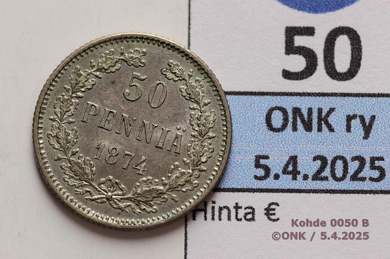 k-0050-b.jpg - Kohde 50 (kuva 2/2), lhthinta: 150 € 50 p 1874 Ag. Erittin kaunis!, kunto: 8/9