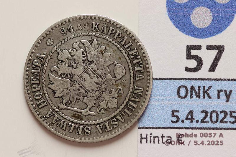 k-0057-a.jpg - Kohde 57 (kuva 1/2), lhthinta: 60 € 1 mk 1864 SNY 397.1.1.2 Ag. Uusi rihlaus, kunto: 3