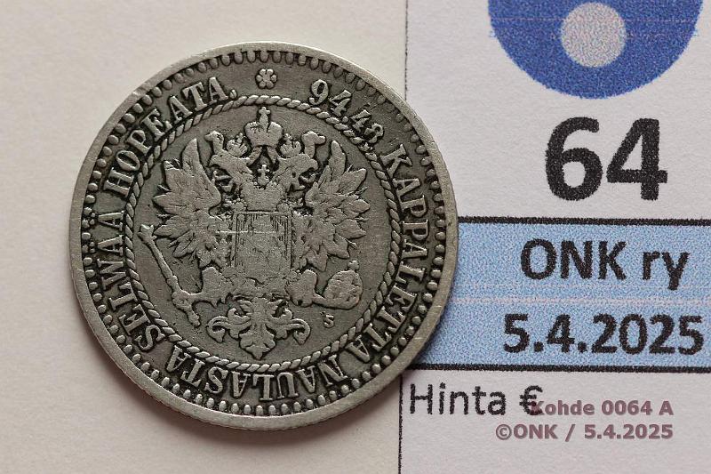 k-0064-a.jpg - Kohde 64 (kuva 1/3), lhthinta: 30 € 1 mk 1866 SNY 399.2.4 Ag. Prv, harvinaisempi variantti, kunto: 3