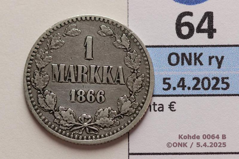 k-0064-b.jpg - Kohde 64 (kuva 2/3), lhthinta: 30 € 1 mk 1866 SNY 399.2.4 Ag. Prv, harvinaisempi variantti, kunto: 3