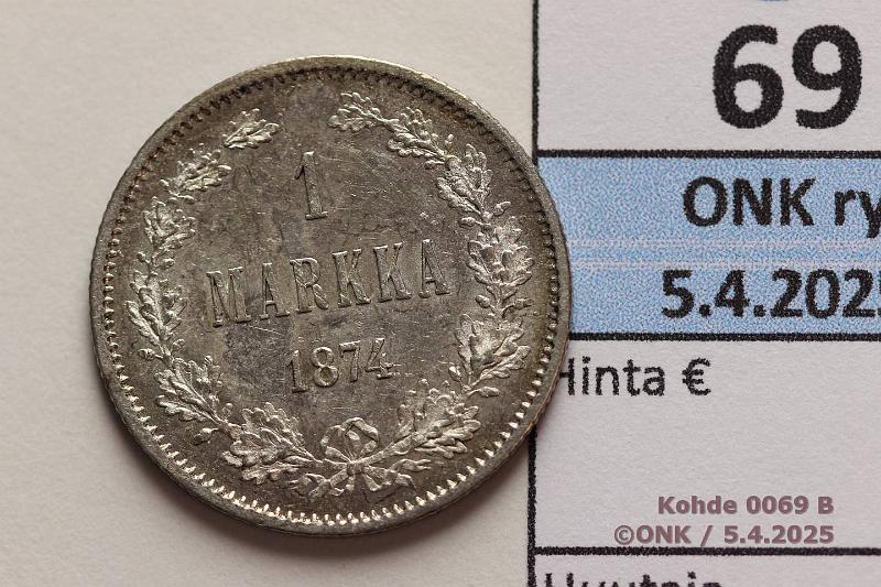 k-0069-b.jpg - Kohde 69 (kuva 2/2), lhthinta: 75 € 1 mk 1874 Ag. Hieman patinaa, nja, kunto: 8