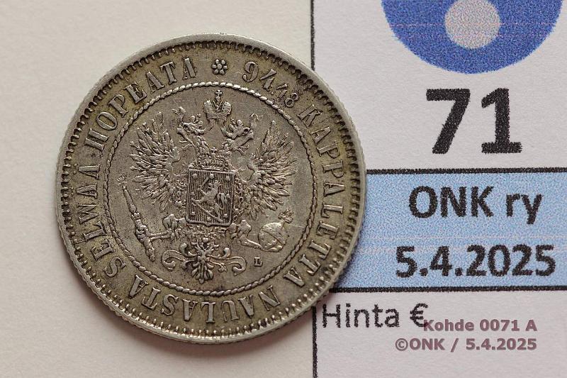 k-0071-a.jpg - Kohde 71 (kuva 1/2), lhthinta: 10 € 1 mk 1890 Ag, kunto: 6