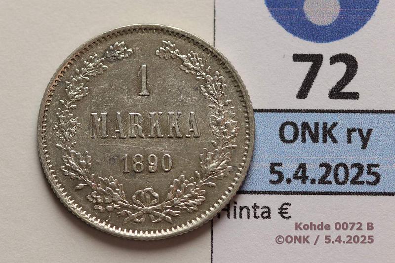 k-0072-b.jpg - Kohde 72 (kuva 2/2), lhthinta: 75 € 1 mk 1890 Ag. Hieman patinaa, hnja, kunto: 9/8