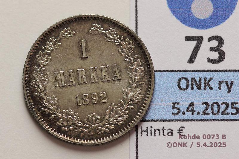 k-0073-b.jpg - Kohde 73 (kuva 2/2), lhthinta: 100 € 1 mk 1892 Ag. Patinaa, hnja, loistelias!, kunto: 9