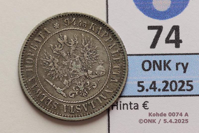 k-0074-a.jpg - Kohde 74 (kuva 1/2), lhthinta: 8 € 1 mk 1893 Ag. Patinaa, kunto: 6/5