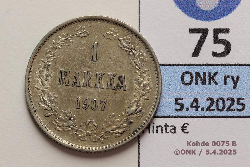 k-0075-b.jpg - Kohde 75 (kuva 2/2), lhthinta: 10 € 1 mk 1907 Ag. Patinaa, hyv, kunto: 7