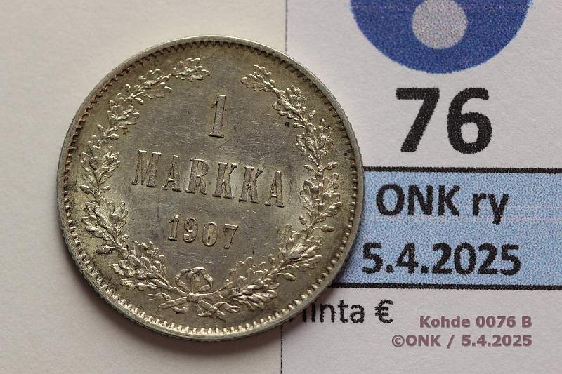 k-0076-b.jpg - Kohde 76 (kuva 2/2), lhthinta: 10 € 1 mk 1907 Ag. Hyv, kunto: 8