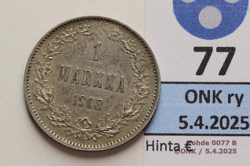 k-0077-b.jpg - Kohde 77 (kuva 2/2), lhthinta: 35 € 1 mk 1908 Ag. Patinaa, hyv, kunto: 7/8