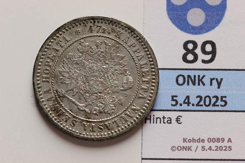 k-0089-a.jpg - Kohde 89 (kuva 1/2), lhthinta: 60 € 2 mk 1870 Ag. Patinaa, hnja, kunto: 6/7