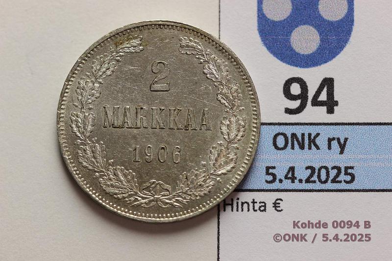 k-0094-b.jpg - Kohde 94 (kuva 2/2), lhthinta: 100 € 2 mk 1906 SNY 500.1.1.1 Ag. Pitk /-viiva, hnja, phpja, erittin kaunis!, kunto: 8