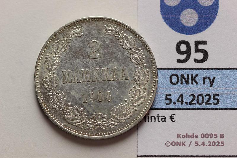 k-0095-b.jpg - Kohde 95 (kuva 2/2), lhthinta: 150 € 2 mk 1906 SNY 500.1.1.1 Ag. Pitk /-viiva, hnja, hieman, erittin kaunis!, kunto: 8