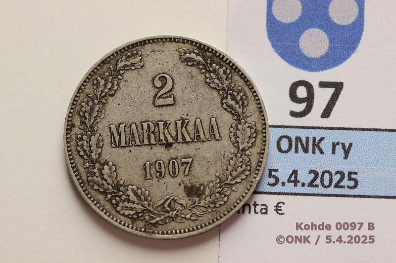 k-0097-b.jpg - Kohde 97 (kuva 2/2), lhthinta: 12 € 2 mk 1907 Ag. Prv, likaa, kunto: 6