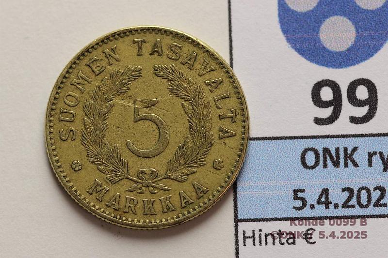 k-0099-b.jpg - Kohde 99 (kuva 2/2), lhthinta: 15 € 5 mk 1928 Pient met.vikaa, kunto: 4