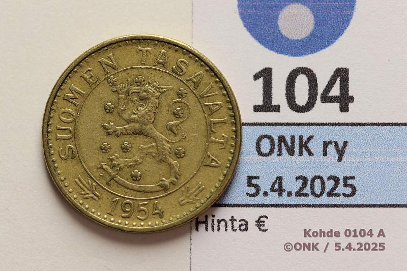 k-0104-a.jpg - Kohde 104 (kuva 1/2), lhthinta: 5 € 20 mk 1954 SNY 626.1.1 Lyhyet oksat, kunto: 4