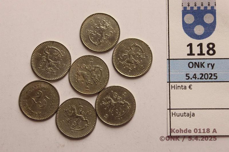 k-0118-a.jpg - Kohde 118, lhthinta: 5 € 25 p (7) 1925-30 CuNi -25, -26, -27, -28, -29(2), -30, kunto: 5-7